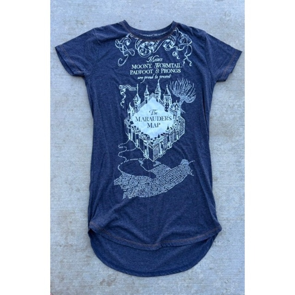 Harry Potter Marauders Map Graphic T-Shirt Dress Navy Blue High Low Hem Small